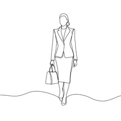 Business woman line art illustration. Continuous single line drawing of woman walking in blazer suit. Vector art illustration.