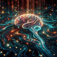 Obraz premium illustration of glowing liquid substance in hologram spectral color palette make 3D Illustration of human brain nerve tracts based on magnetic resonance imaging (MRI) data. Generative Art 