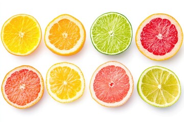 Obraz premium Vibrant assortment of citrus fruit slices displayed on a clean white background