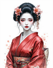beautiful woman in red kimono with floral decorations, showcasing traditional elegance and grace