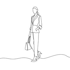 Business woman line art illustration. Continuous single line drawing of woman walking in blazer suit. Vector art illustration.