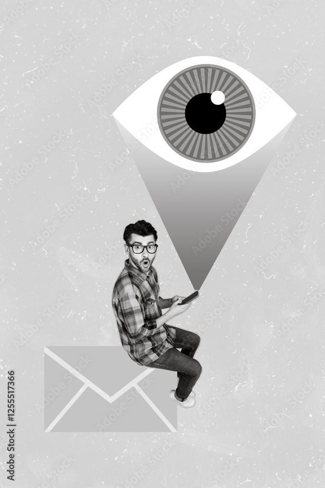Aufkleber creative retro 3d magazine collage image of eye peeking guy browsing instagram twitter telegram isol