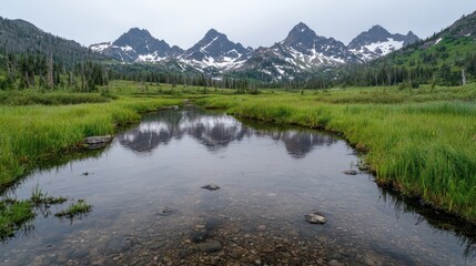 Mountain reflection in clear stream, lush meadow, serene landscape, tranquil scene, outdoor photography