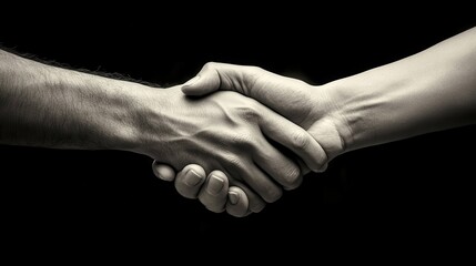 Close-up monochrome shot of two hands clasped together. Illustrates unity, trust, and partnership concepts.