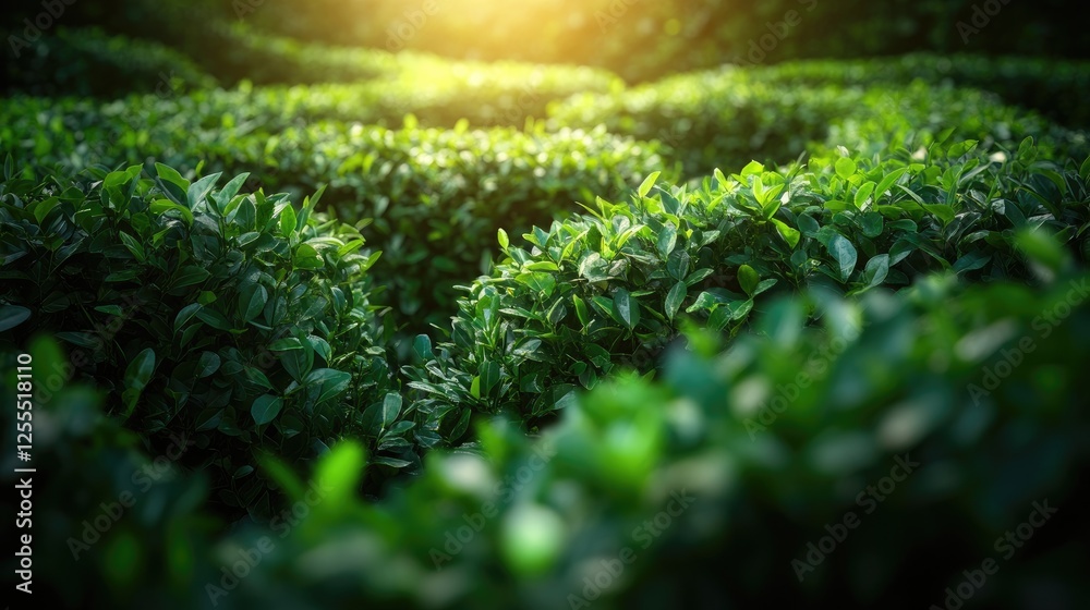 Poster A close-up of a dense green hedge forming part of a labyrinth, with sunlight filtering through the leaves, creating a peaceful and intricate scene
