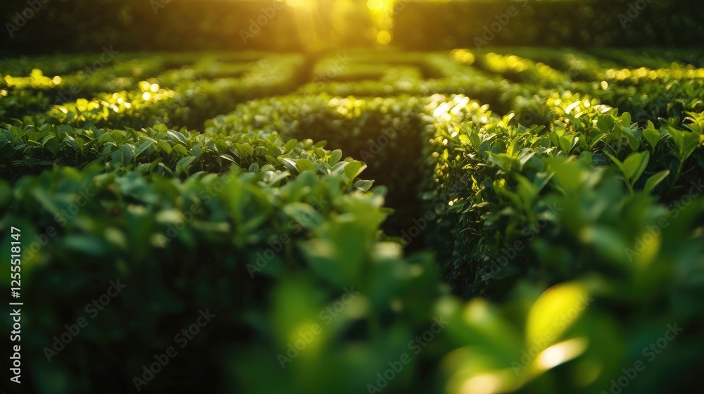 Aufkleber a close-up of a dense green hedge forming part of a labyrinth, with sunlight filtering through the l