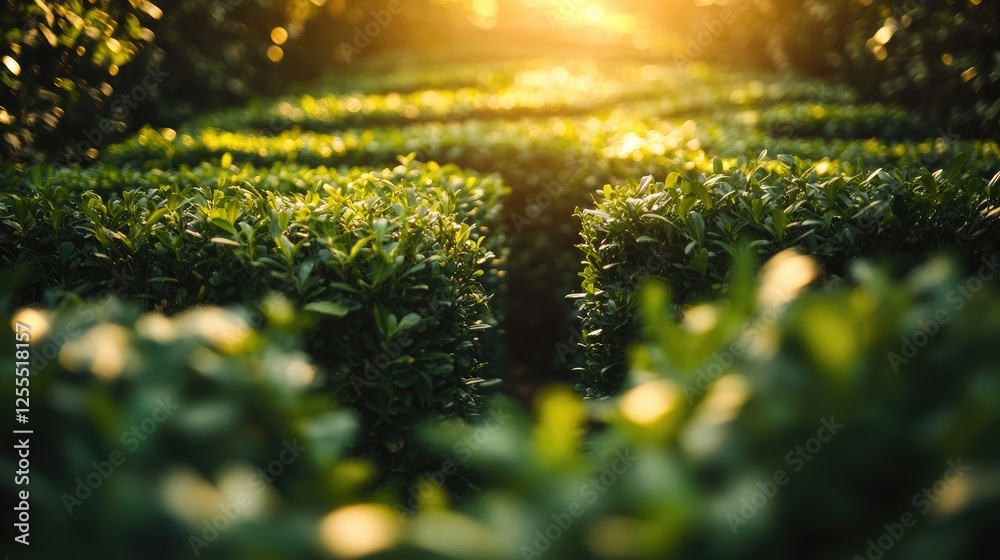 Poster A close-up of a dense green hedge forming part of a labyrinth, with sunlight filtering through the leaves, creating a peaceful and intricate scene