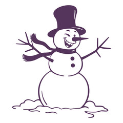  A cheerful snowman wearing a black top hat and a blue scarf