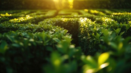 Fototapeta premium A close-up of a dense green hedge forming part of a labyrinth, with sunlight filtering through the leaves, creating a peaceful and intricate scene