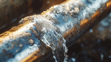 Fototapeta premium A close-up of a faulty weld on a stainless steel pipe with water leaking out, capturing the fine details of corrosion and leakage