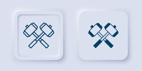Obraz premium Filled and outline Medieval crossed battle hammers icon isolated on grey background. Square button. Vector