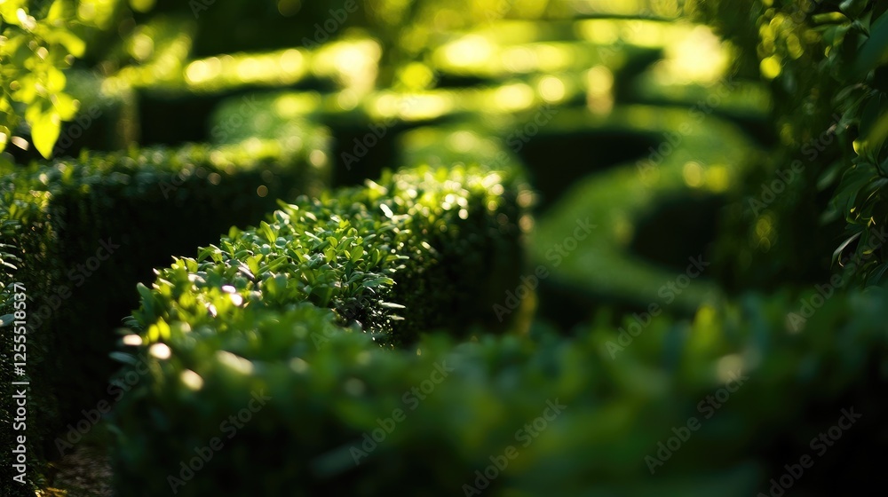 Poster a close-up of a lush green hedge creating the walls of a labyrinth, with sunlight shining through th