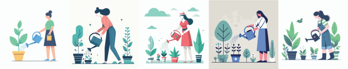 vector set of women watering plants