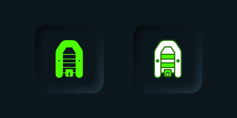 Green Inflatable boat with outboard motor icon isolated on black background. Black square button. Vector
