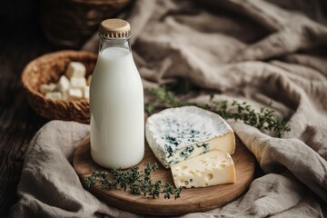 Rustic dairy display with milk bottle and assorted cheeses on wooden tray
