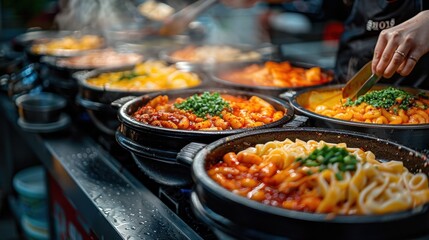 A Korean street food stall selling freshly made tteokbokki, spicy rice cakes, vibrant colors