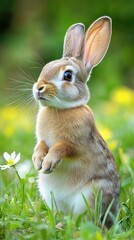 Fototapeta premium Curious Rabbit Standing in a Vibrant Meadow of Blossoming Flowers