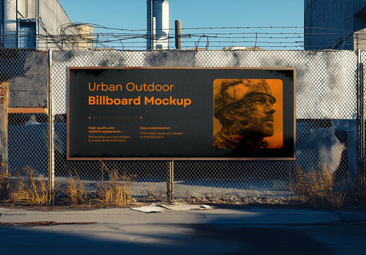 Urban Outdoor Billboard Mockup on Chain-Link Fence &ndash; Realistic Street Advertising Template for Movie Promotion, Social Campaigns, or Industrial Area Branding