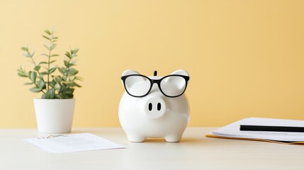 Investment planning scene, financial reports, a piggy bank symbolizing savings, business tools on a desk