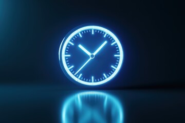 Neon blue glowing clock with reflection on dark background