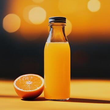 ottle of Orange Juice, Fresh and Tasty on Orange Background