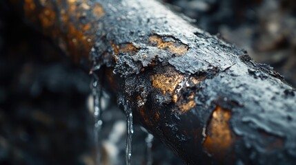 Fototapeta premium A close-up of a stream of water leaking from a corroded stainless steel pipe, with focus on the texture and damage of the pipe surface