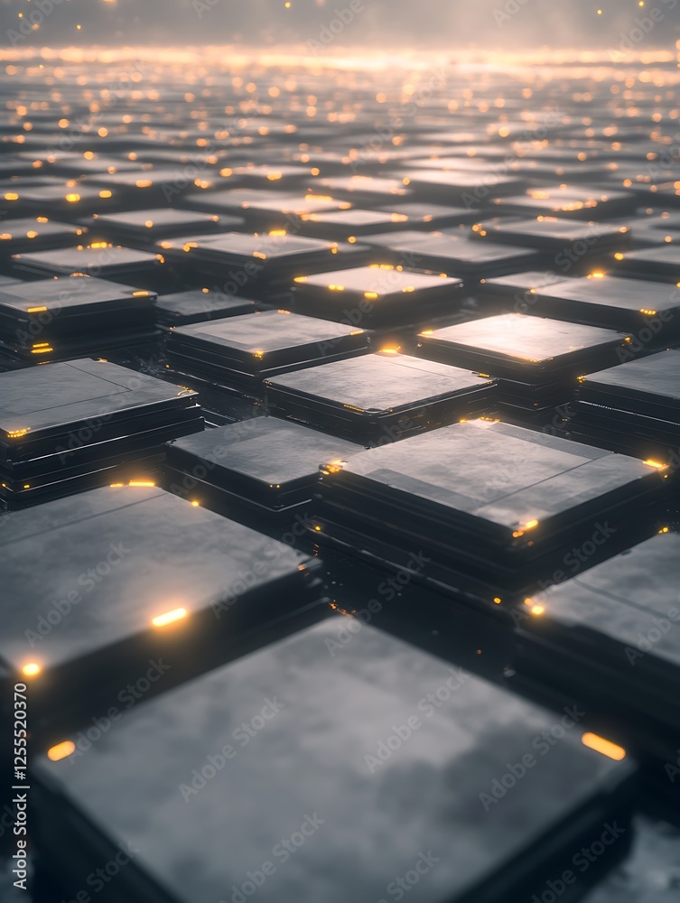 Poster a futuristic landscape of illuminated, grid-like tiles, suggesting advanced technology and digital e