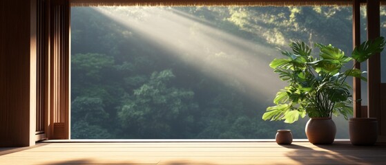 Fototapeta premium Morning serenity at a sacred temple, sunbeams piercing through scattered clouds, natureâ€™s wonder captured with ample copy space