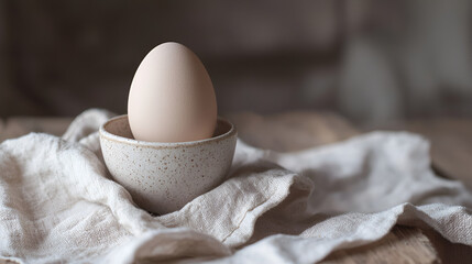 Single egg in a speckled bowl, nestled on soft linen. A simple, rustic still life with natural tones.