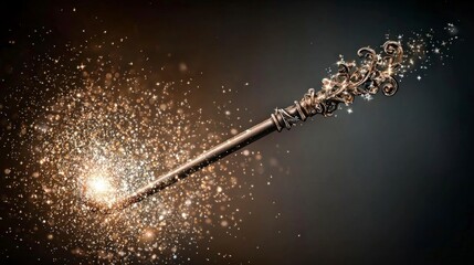 Naklejka premium Ornate Magic Wand with Golden Sparkles on Dark Background