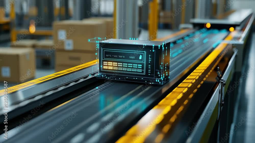 Poster futuristic automated production line in a smart factory transporting a digital package with tracking
