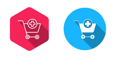 Filled and outline Add to Shopping cart icon isolated with long shadow background. Online buying concept. Delivery service sign. Supermarket basket symbol. Vector