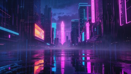 Naklejka premium Neon lights illuminate a sleek urban environment while rain creates mesmerizing reflections on the ground, enhancing the futuristic atmosphere and intricate details of the scene