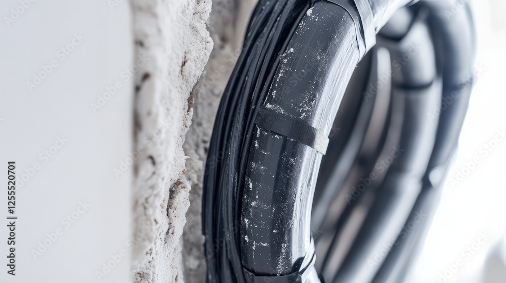Poster A close-up of an insulated wire bundle with black tape, running through a wall hole, showcasing neatness and technical precision in electrical work