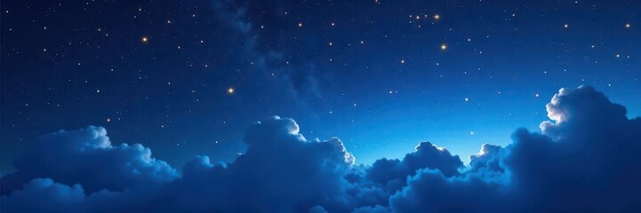 Deep indigo blue starry night sky with a wispy cloud layer and golden stars, deep blue, indigo, shining stars