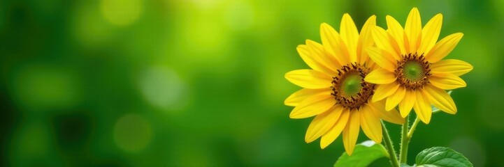 Obraz premium Bright yellow sunflowers against a lush green leafy background, garden, sunshine