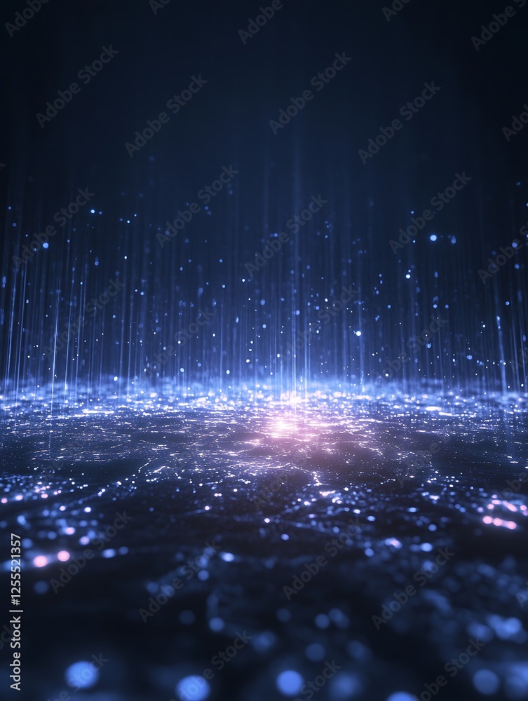 Poster a mesmerizing blue background with shimmering lights and vertical beams, evoking a sense of depth an