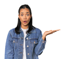 Young Filipina woman impressed holding copy space on palm.