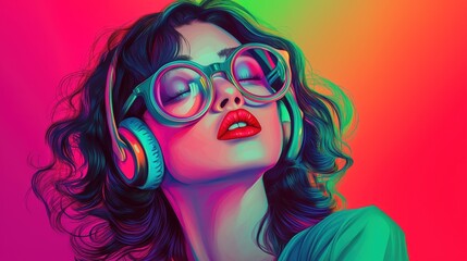 Fototapeta premium Beautiful woman listening to music with headphones, wearing retro glasses and set against colorful background with neon colors, digital art style with copy space. Suitable for fashion magazine cover.