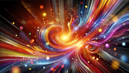 An abstract, energetic composition featuring a burst of vivid colors including warm reds, oranges, yellows, and cool blues, purples, and greens