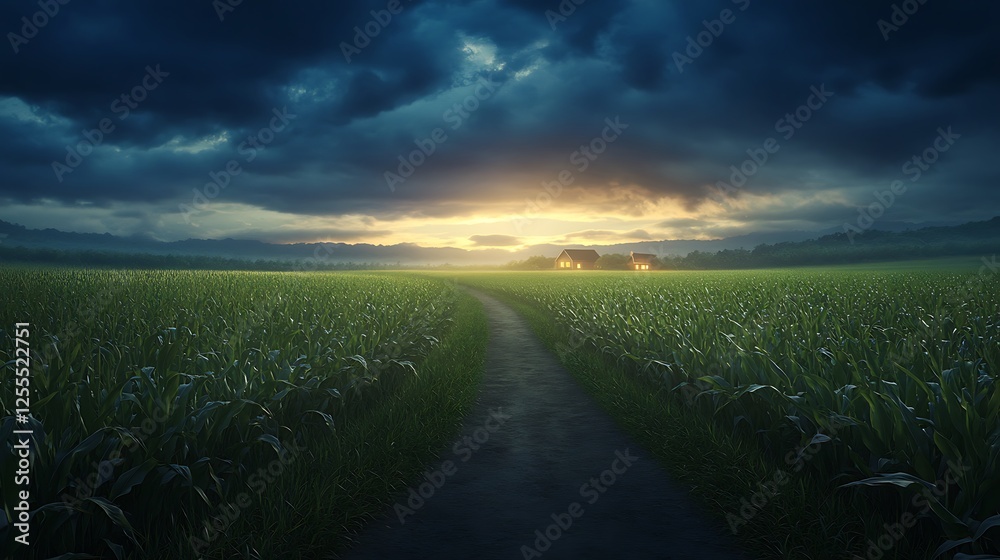 Poster a winding path leads through a lush green field under dramatic clouds and a glowing sunset, creating