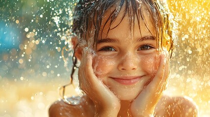 Obraz premium Joyful cheerful young woman with a bright smile splashing refreshing water on her face in the morning sunshine enjoying a moment of self care and wellness outdoors