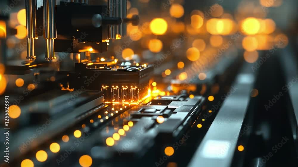 Poster robotic arm installing a cpu chip on a futuristic motherboard, surrounded by glowing orange lights w