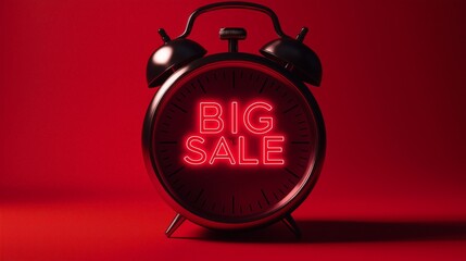 Retro-style black alarm clock with neon "Big Sale" text glowing against a deep red background. Ideal for advertising, e-commerce promotions, discount campaigns, and marketing materials