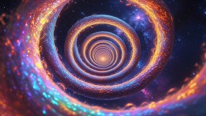 Swirling patterns of vibrant colors and intricate details create an alluring abstract background. The formation resembles a dynamic spiral leading to a bright center in a cosmic setting