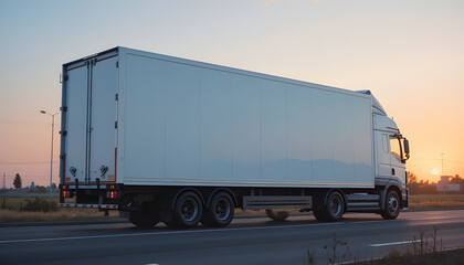 White Semi Truck Driving on Highway at Sunset