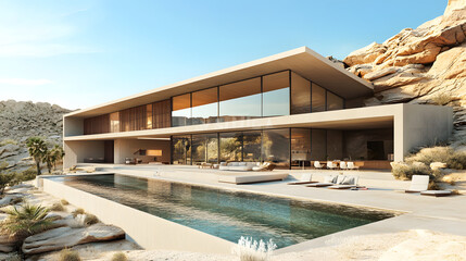 Fototapeta premium Modern house with swimming pool located in a desert landscape surrounded by cacti and dry vegetation