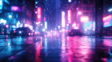 Vibrant Neon City Lights in Deep Blue and Purple Bokeh Effects