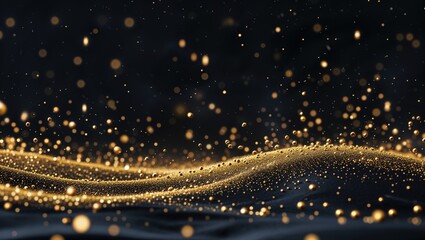 The artwork features a captivating abstract background with dynamic waves of golden particles. This ultra-detailed design captures movement and elegance in a rich dark environment