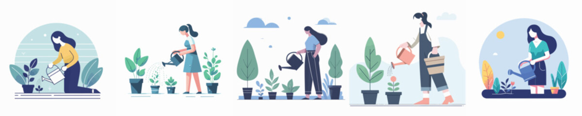 vector set of women watering plants